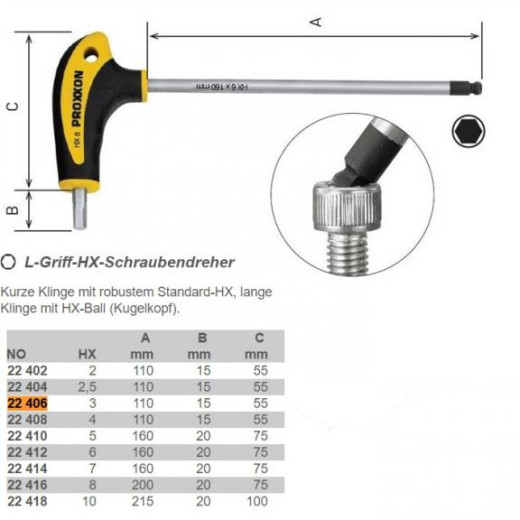 PROXXON 22406, Викрутка HX з L-подібною ручкою