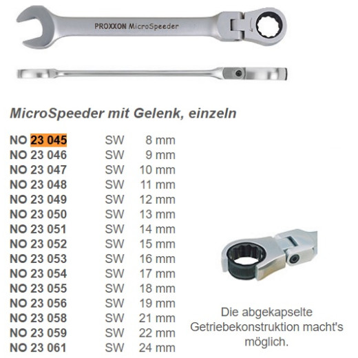PROXXON 23045, Ключ MicroSpeeder з обгінною муфтою і поворотною на ±90° головкою, 8 мм