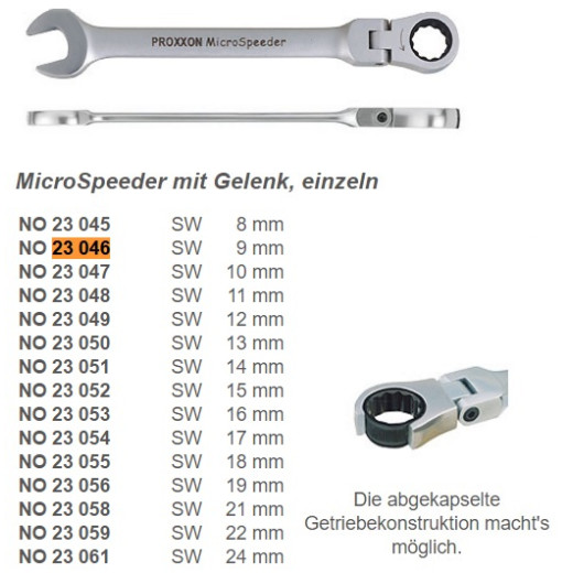 PROXXON 23046, Ключ MicroSpeeder з обгінною муфтою і поворотною на ±90° головкою, 9 мм