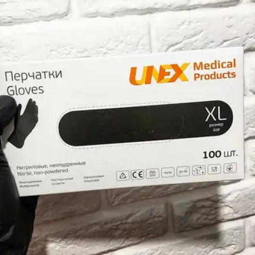 Рукавички однарозові нітрил чорні ХL - Unex Medical 100 шт. (18170)